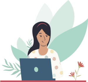 women uses laptop next to plants