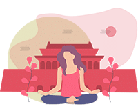 a women meditates in front of a pagodaon