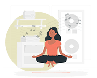 women meditates whilst floats in front of stereo