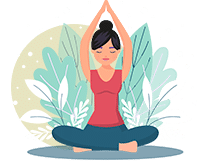 women meditates with her arms in the air in front of green leaves