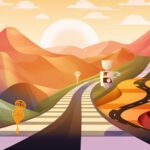 Header image of a winding road leading to a bright horizon with various symbols of success along the way, symbolizing the journey to success through the use of affirmations