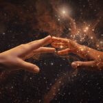 Spiritual hands reaching for each other against a starry cosmos, symbolizing the connection in soul contracts.