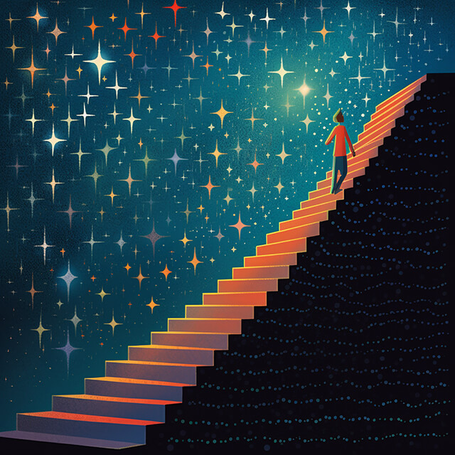 Person climbing a staircase made of positive affirmations, symbolizing the journey of using abundance affirmations.