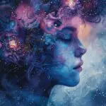 A starseed soul incarnating into a human body on Earth for a higher purpose, in Cosmic Watercolor style