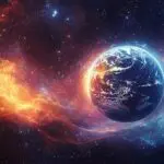 A glowing Earth surrounded by swirling electromagnetic waves with lightning strikes in the atmosphere, illustrating the concept of Schumann Resonance.